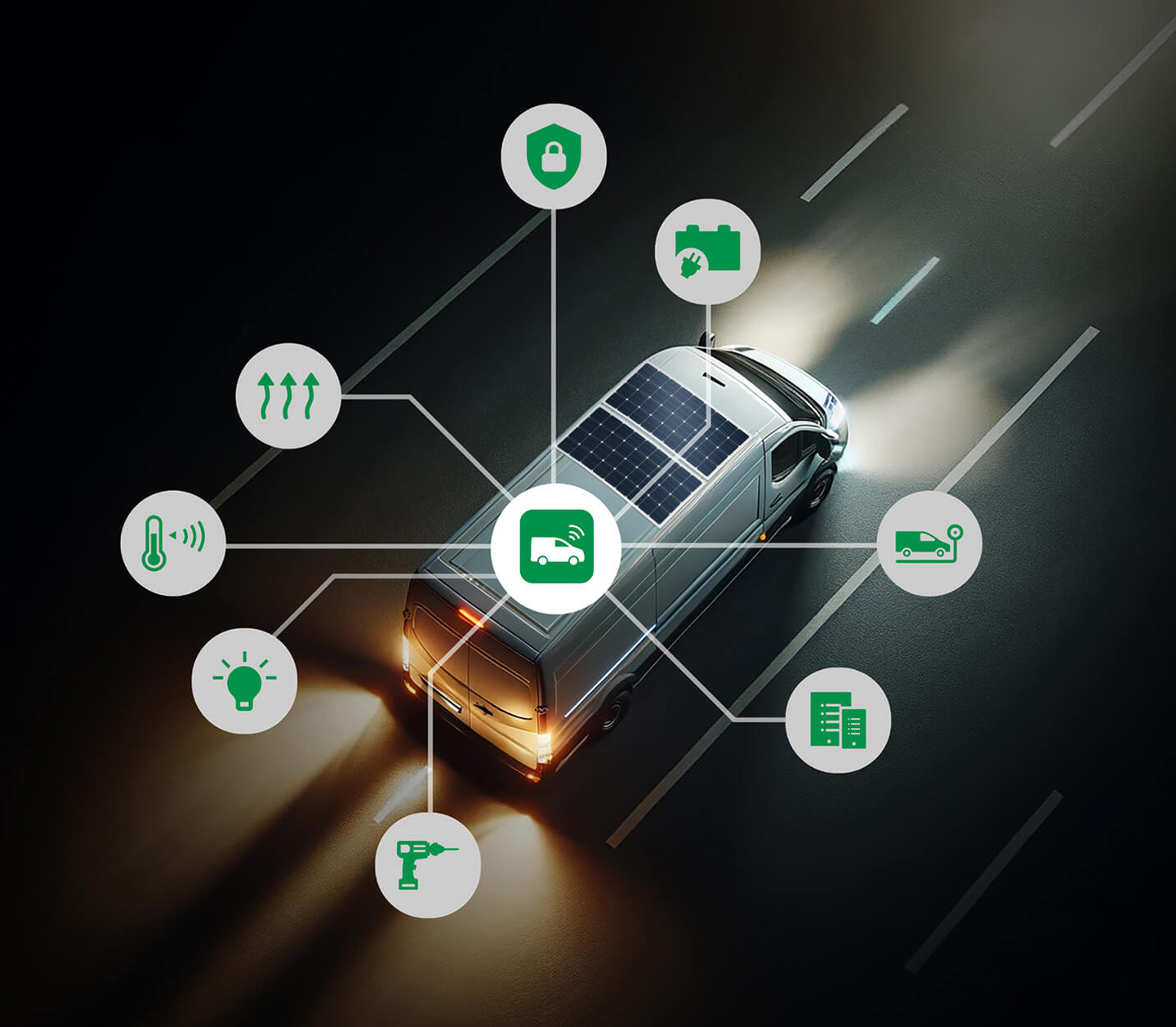 Vehicle with Modul-Connect system illustrating multiple applications, including security, power, weighing, driving journal, asset tracking, lighting control, climate control, and heating.